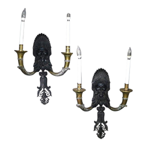 Antique Ebonized Bronze & Brass Figural Indian Chief Wall Sconces C1920 - a Pair