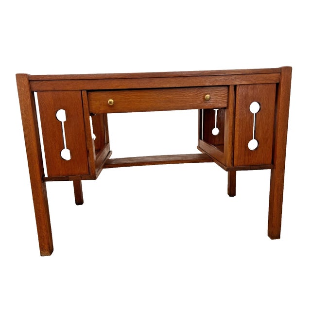 Arts & Crafts Antique Mission Arts and Crafts Library Desk, Drawer, Tiger Oak, Side Shelves For Sale - Image 3 of 12