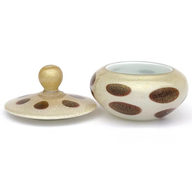 Vintage Murano Barbini Gold Flecks White Black Spots Italian Art Glass Vanity Jewelry Powder Box For Sale In Orlando - Image 6 of 8