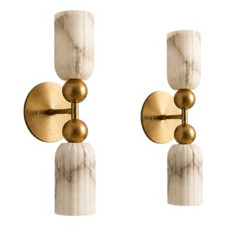Luxury Alabaster Wall Sconce Set of 2, Handcrafted Solid Brass Double Cylinder Wall Sconce, Italian Marble Wall Lamp, Brass Double Light Fixture For Sale
