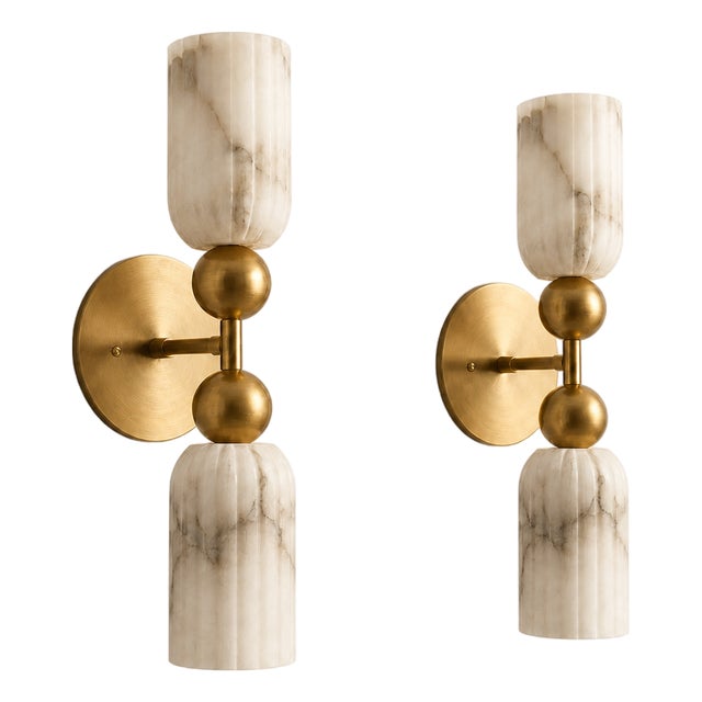 Luxury Alabaster Wall Sconce Set of 2, Handcrafted Solid Brass Double Cylinder Wall Sconce, Italian Marble Wall Lamp, Brass Double Light Fixture For Sale