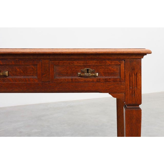 Art Deco Carved Oak Table with Copper Details, Belgium, 1920s For Sale - Image 3 of 13