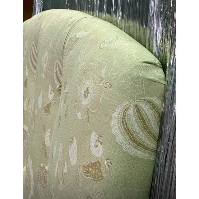 Transitional Vintage Upholstered Queen Headboard With Matching Pleated Bed Skirt, Robert Allen Linen Floral in Pistachio For Sale - Image 3 of 7