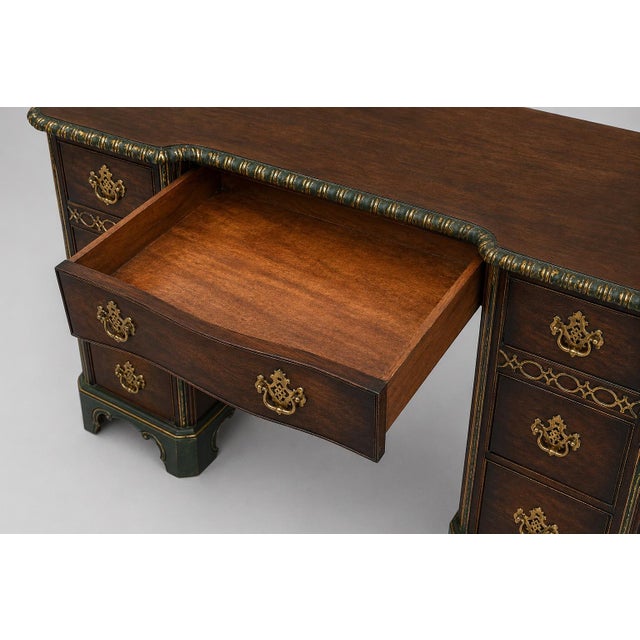 English Vintage Baker Double Pedestal Desk — Emerald & Gilt Accents, 48” Walnut Writing Desk For Sale - Image 3 of 10