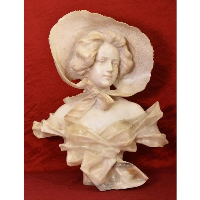Galileo Pochini, Bust of Young Girl with Hat, 19th Century, Marble and Alabaster For Sale - Image 11 of 11