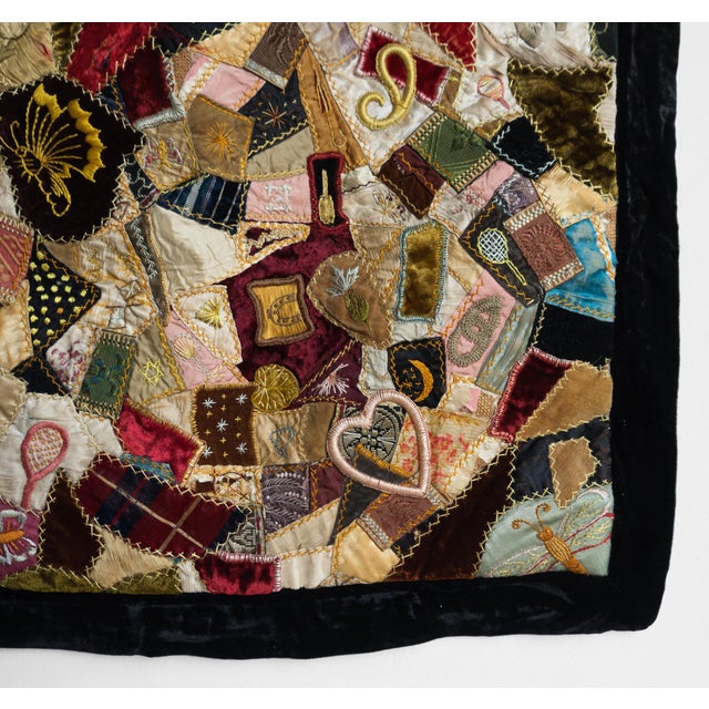 Antique Victorian Crazy Quilt, Hand Embroidered Silk and Velvet Patchwork Quilt, 19th Century For Sale - Image 10 of 18