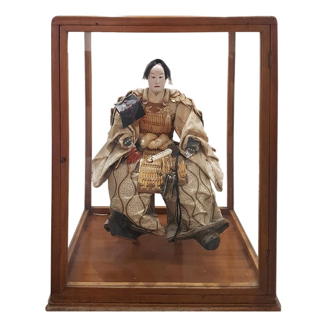 Antique Japanese Samurai Doll in Wood and Glass, Late 18th Century For Sale