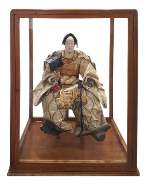 Antique Japanese Samurai Doll in Wood and Glass, Late 18th Century