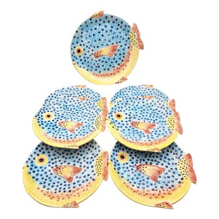 Hand Painted Majolica Zanolli Italian Fish Plates & Platter Set of 6 For Sale