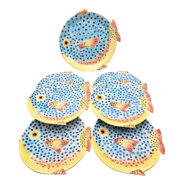 Hand Painted Majolica Zanolli Italian Fish Plates & Platter Set of 6 For Sale