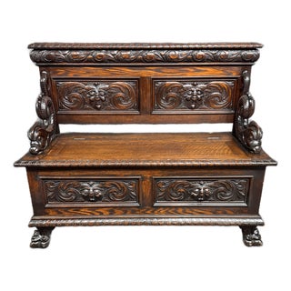 Rj Horner Style American Carved Quarter Sawn Oak Hall Bench With Lift Seat Storage For Sale