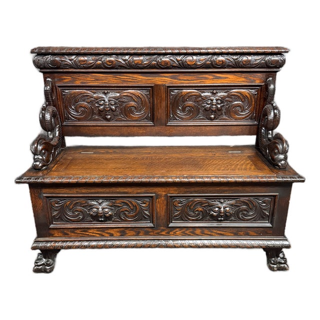 Rj Horner Style American Carved Quarter Sawn Oak Hall Bench With Lift Seat Storage For Sale