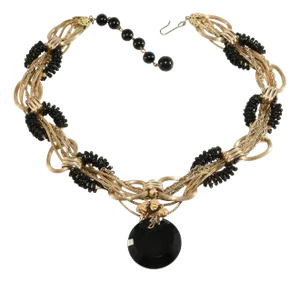 1960s Vintage Black Glass Necklace With Gold Plated Braided Chains