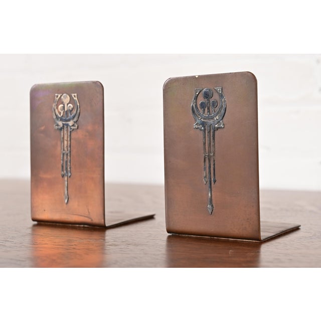 Art Deco Silver Crest Arts & Crafts Sterling Silver on Bronze Bookends, Pair For Sale - Image 3 of 14