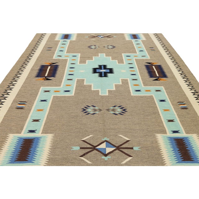 Modern Navajo-Style Handmade Wool Area Rug - Geometric Turquoise & Earth Tones For Sale In New York - Image 6 of 11