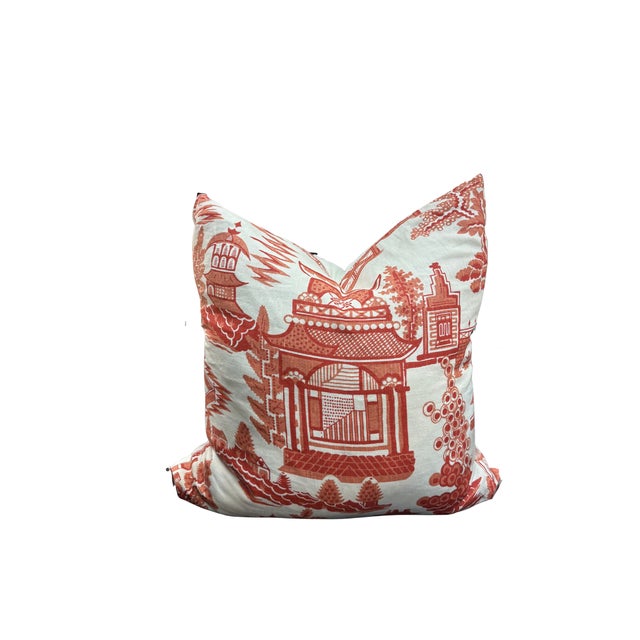 A striking pair of chinoiserie scenic throw pillows, featuring a classic pagoda and landscape motif rendered in rich...