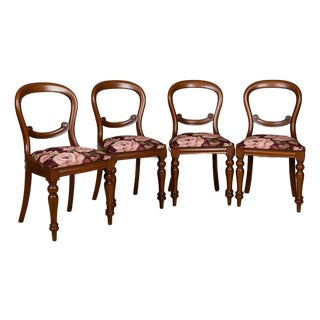 Victorian Mahogany Balloon Back Dining Chairs, Set of 4 – Floral Upholstery For Sale