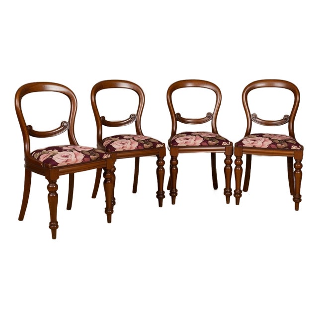Victorian Mahogany Balloon Back Dining Chairs, Set of 4 – Floral Upholstery For Sale