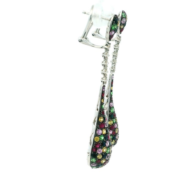 Metal Italian 14k White Gold Diamond & Multicolor Sapphire Drop Earrings, A Pair For Sale - Image 7 of 14
