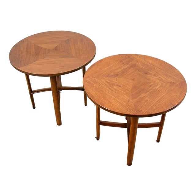 1960s Mid Century Modern Side Table Set End Round Drexel Parallel 2 Walnut Nightstands For Sale