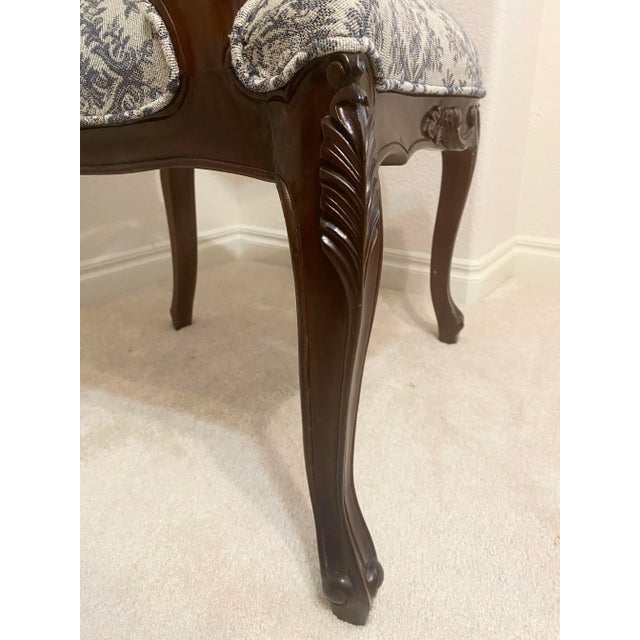 Wood Louis XV Style Bergere Carved Wood and Blue and Dark White Designed Upholstered Chair Vintage For Sale - Image 7 of 16