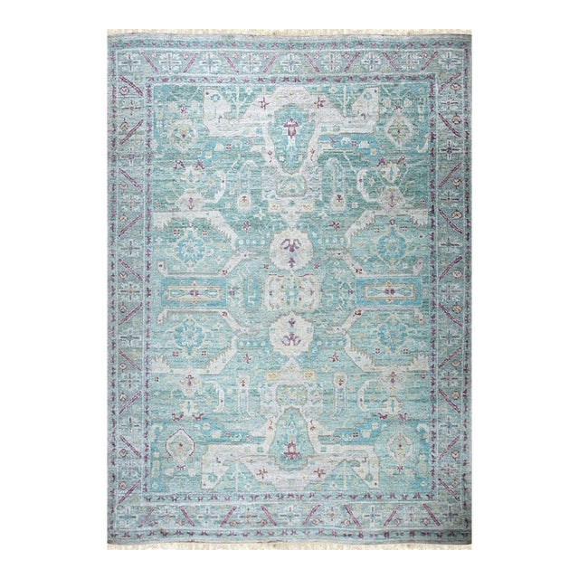 8x10 Celia Green Floral Traditional Hand Knotted Silk Carpet Rug For Sale