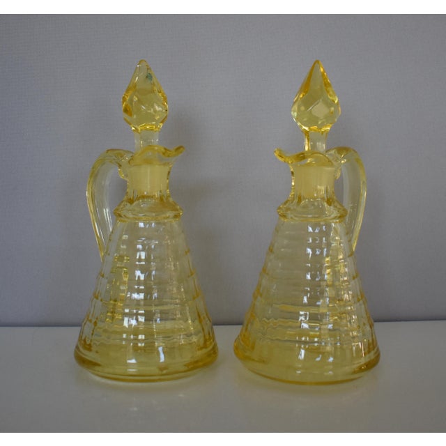 Antique 1900s Hand Blown Cruets, Yellow Vinegar and Oil Bottles With