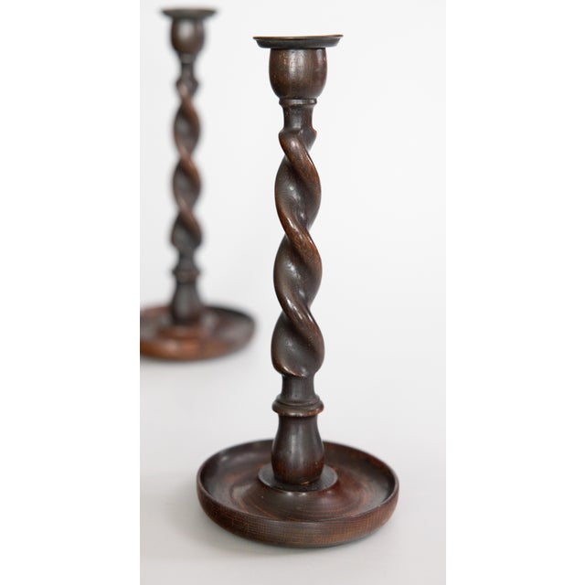 English Antique English Barley Twist Oak Candlesticks - A Pair For Sale - Image 3 of 8