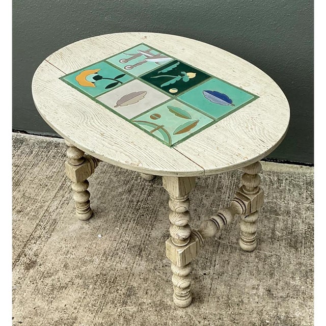 Vintage Turned Wood Table With Ceramic Top For Sale In West Palm - Image 6 of 12