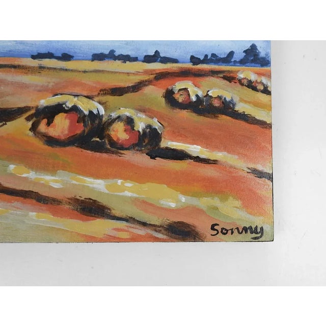 2012 acrylic on wood panel painting of Texas Hay Field. Signed Sonny lower right corner, signed titled and date on verso....