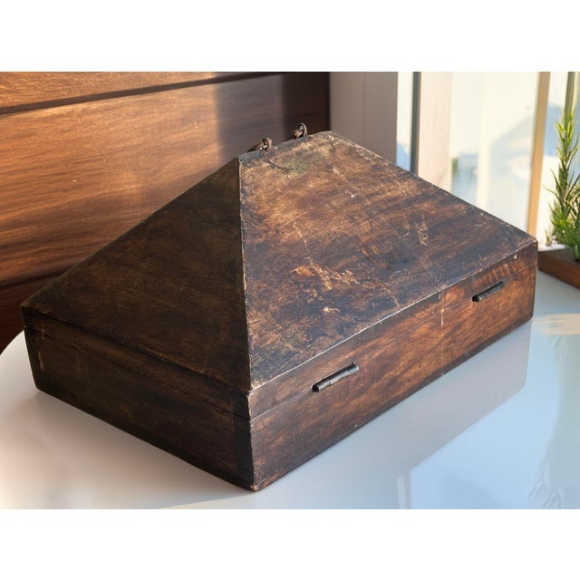 Antique Indian Dowry Chest With Slanted Lid – Hand-Carved Wood Storage Box With Iron Hardware For Sale - Image 9 of 9