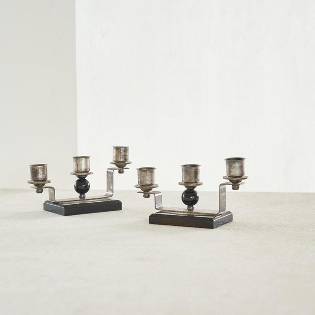 Art Deco Candleholders in Bakelite and Silver Plate, 1940s, Set of 2 For Sale - Image 4 of 9