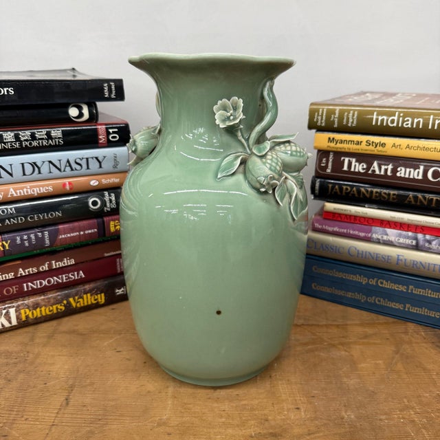 Green Ceramic Vase with Botanical Theme Handles For Sale - Image 4 of 11