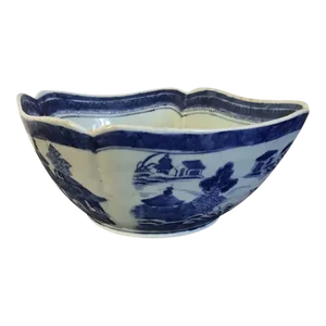 Antique 19th Century Chinese Export Canton Blue and White Porcelain Fruit Bowl