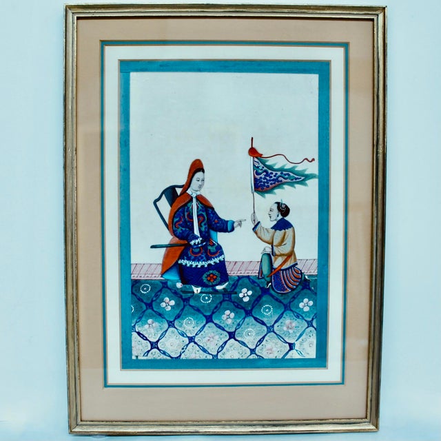 Very nicely double matted and framed in dark camel, blue and gold, with original light blue silk ribbon surrounds showing,...