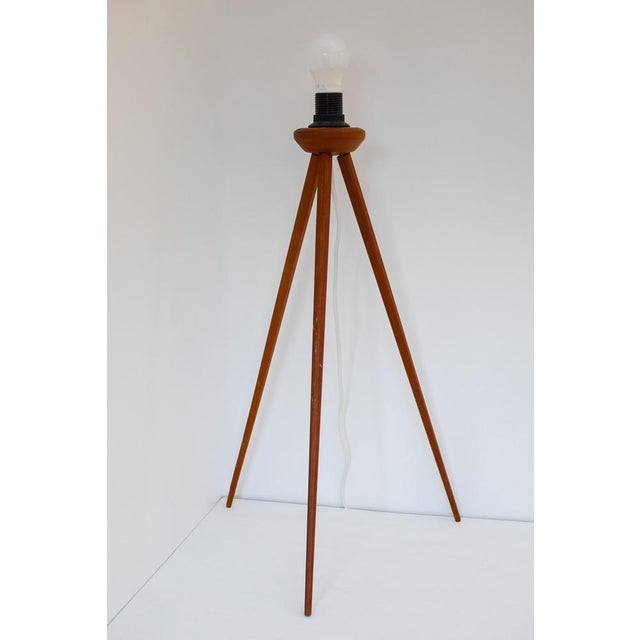 Large Scandinavian Teak Tripod Floor Lamp with Drawn Thread Embroidery Shade For Sale - Image 10 of 17