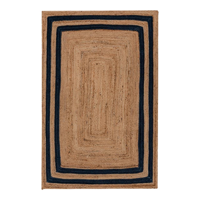 8'x10' Navy Blue Jute Braided Rectangle Boho Chic Rug For Sale