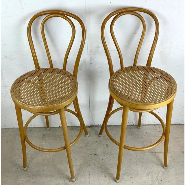 Mid-Century Modern Pair Vintage Thonet Style Cane Seat Barstools For Sale - Image 3 of 13