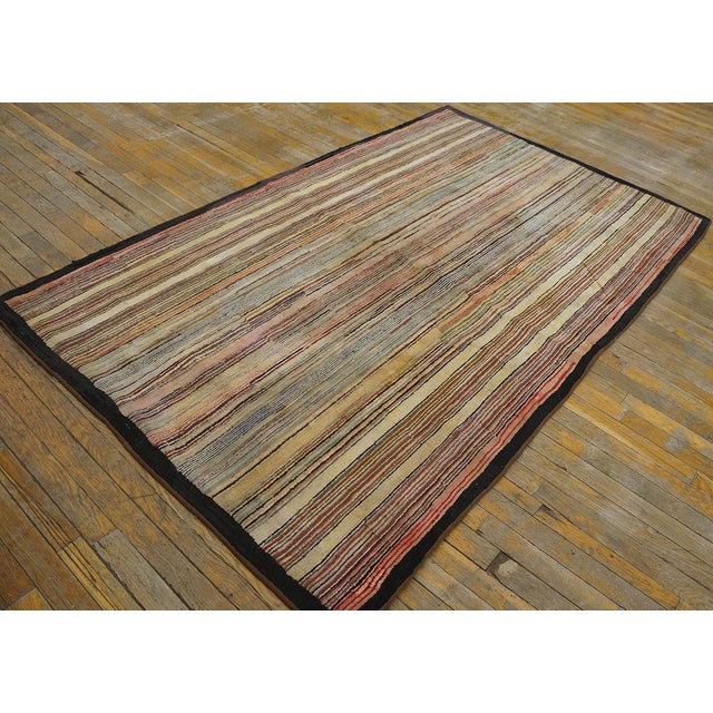 American 1890s Multicolor Stripe Minimalist Antique American Hooked Rug 4'6" X 7'4" Handknotted Wool Carpet For Sale - Image 3 of 7