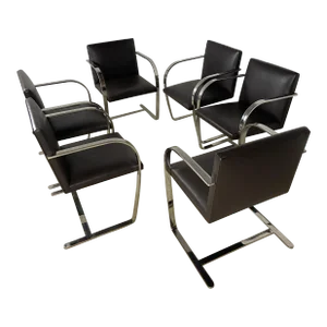 Vintage Knoll Stainless Flat Bar Brno Chairs in Dark Brown Leather - Set of 6