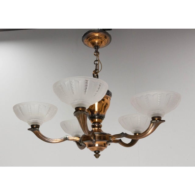 French Red Copper and Frosted Glass Chandelier, 1940s For Sale - Image 3 of 7