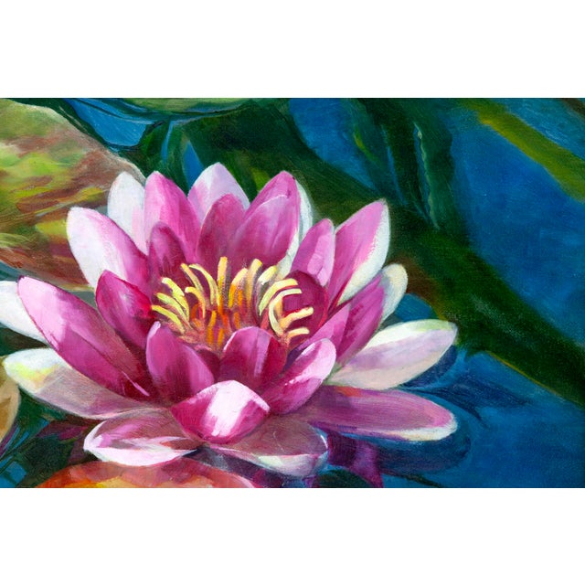 Metal Vintage Original Oil Painting of a Lotus For Sale - Image 7 of 8