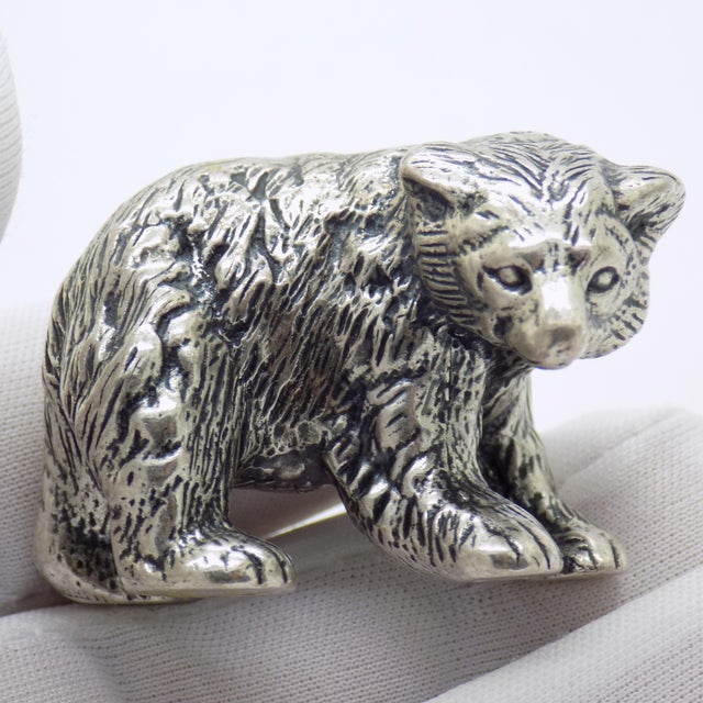Italian Vintage Italian Handmade Genuine Silver Large Brown Bear Cub Figurine Miniature, Made in Novara (Italy) For Sale - Image 3 of 14