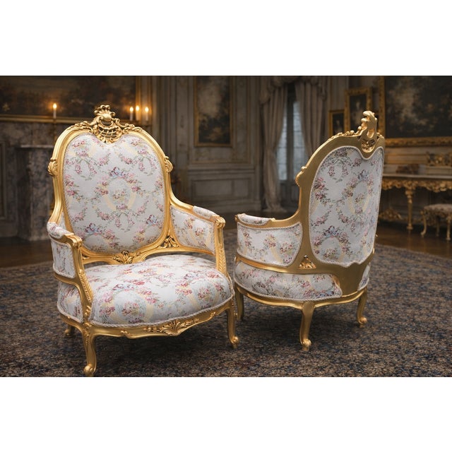 Gold 1970 French Louis XVI Gold Beech Damask Bergères - Pair For Sale - Image 8 of 14