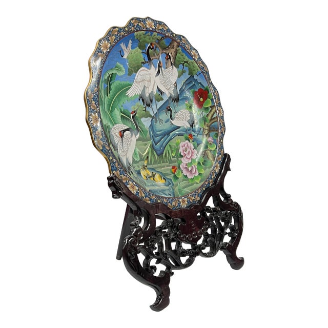 Large Meiji Japanese Cloisonne Charger on Stand For Sale