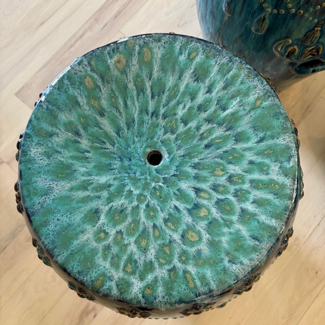 Curated Designer Set of 3 Large Teal Drip-Glazed Chinese Ceramic Garden Stools With Raised Garland Motif For Sale - Image 4 of 12
