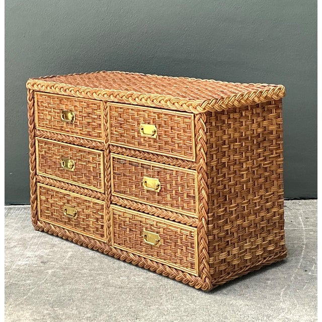 Campaign Vintage Braided Rattan Six Drawer Campaign Dresser For Sale - Image 3 of 15