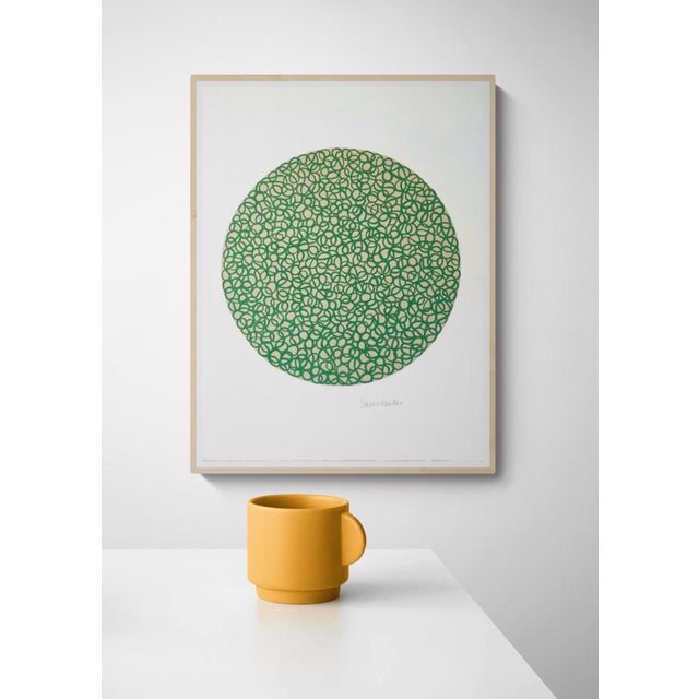 Continuous free-flowing swirls fill a perfect circle in this original, one-of-a-kind painting by Sarah Vaaler. The grass...