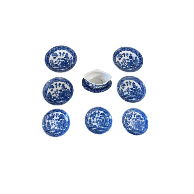 Japanese #696 Vintage Blue and White Willow Pattern Decorative Set of 8 Plates Made in Japan For Sale - Image 3 of 9