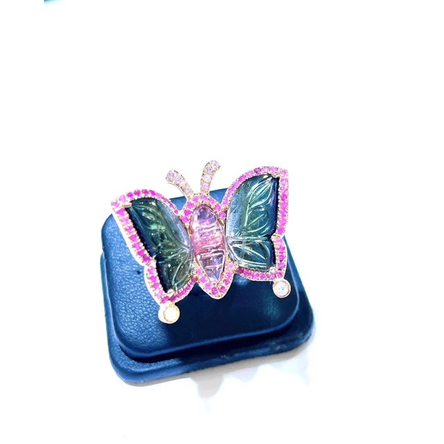 Bochic “Orient” Pink Sapphires & Tourmaline Ring Set in 18k Gold & Silver Size 6.5 For Sale - Image 4 of 5